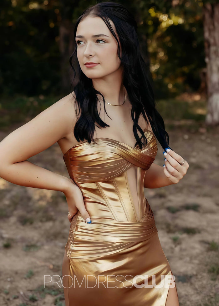 Ethel |Green Long Prom Dress Metallic With Mermaid Sweetheart Slit - Gold - PromDressClub