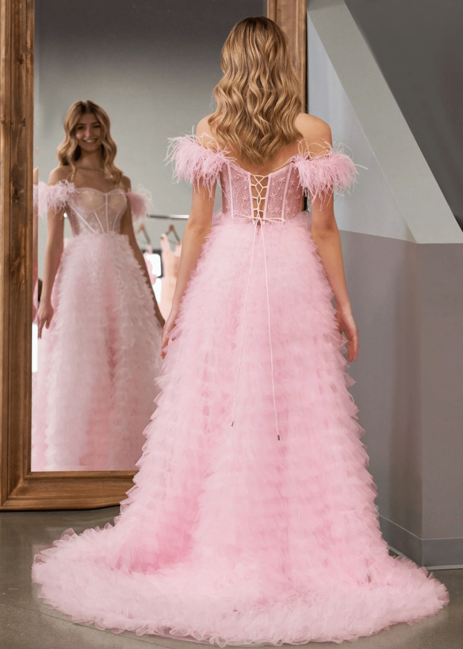 Eudora |A Line Sweetheart Tiered Pink Tulle Long Prom Dress With Slit - Pink - US0 - PromDressClub