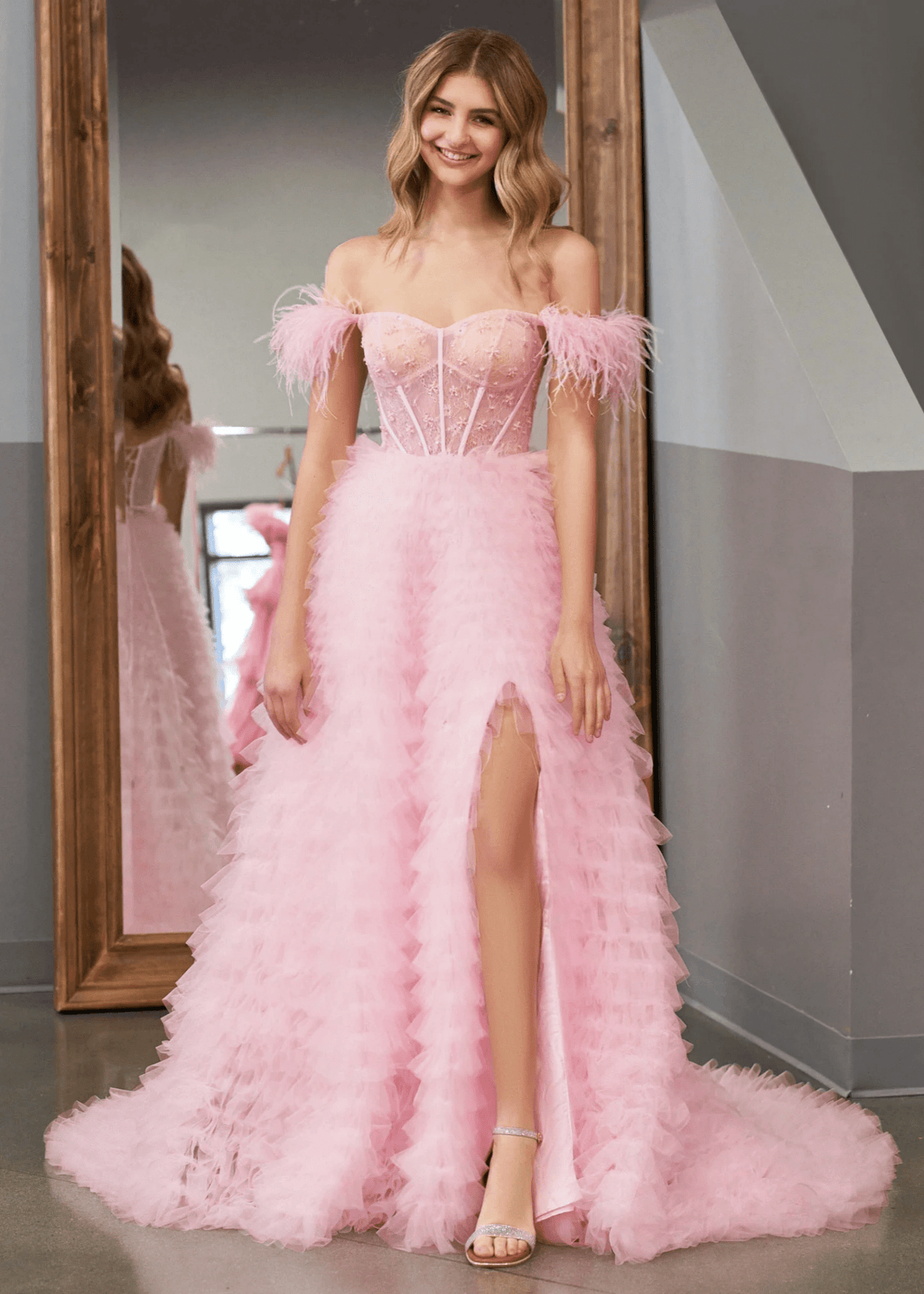 Eudora |A Line Sweetheart Tiered Pink Tulle Long Prom Dress With Slit - Pink - US0 - PromDressClub