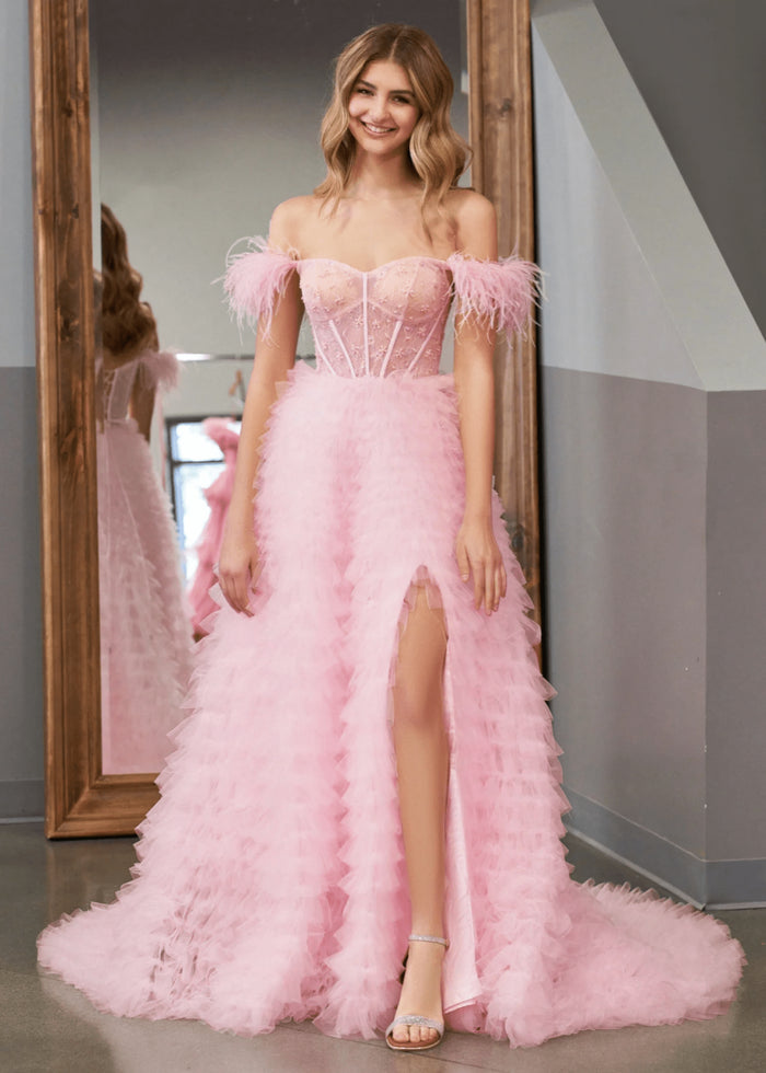 Eudora | Light Pink Red Ball Gown/Princess Off the Shoulder Feather Tulle Formal Dress with Slit - Light Pink - PromDressClub