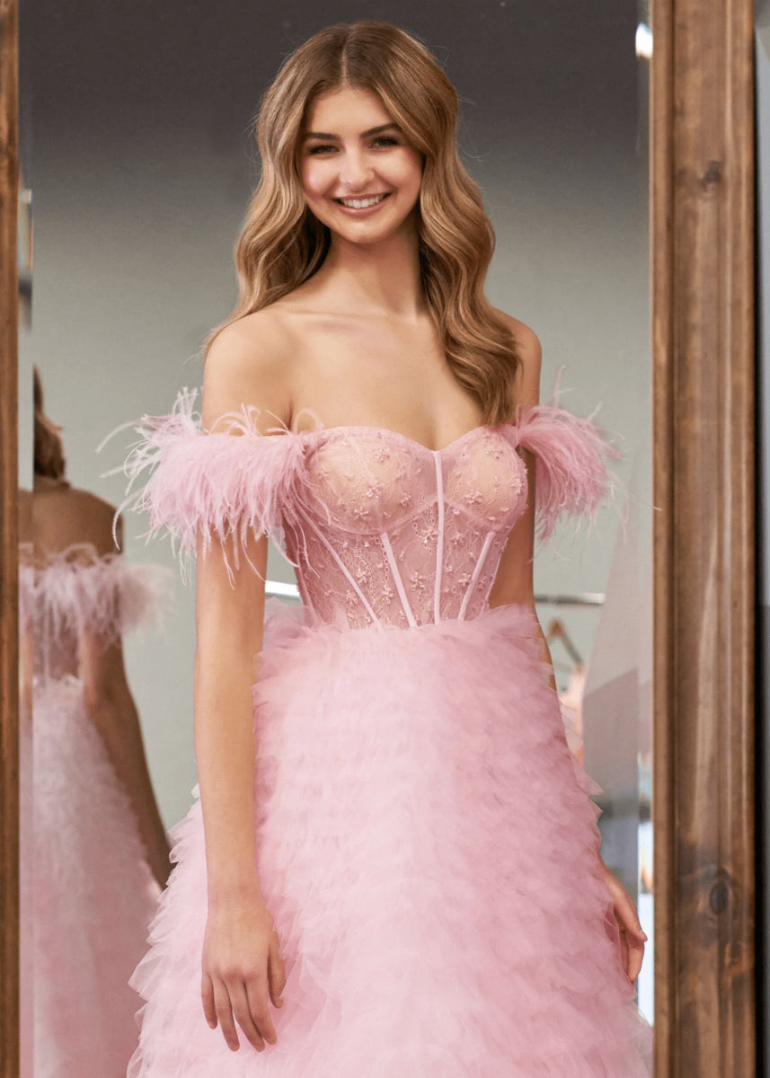 Eudora | Light Pink Red Ball Gown/Princess Off the Shoulder Feather Tulle Formal Dress with Slit - Light Pink - PromDressClub