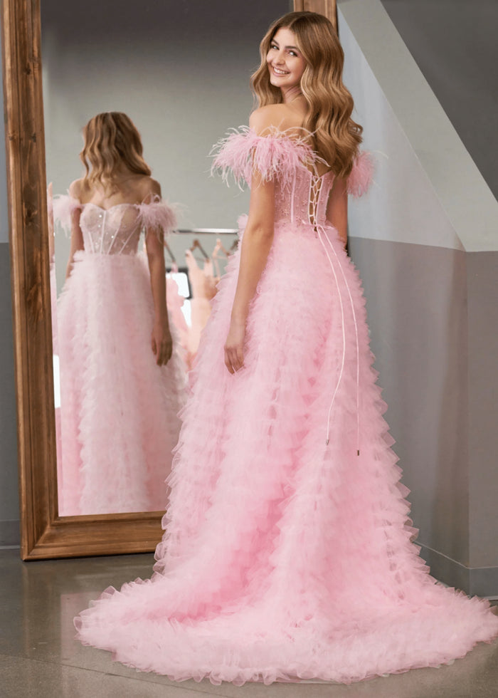 Eudora | Light Pink Red Ball Gown/Princess Off the Shoulder Feather Tulle Formal Dress with Slit - Light Pink - PromDressClub
