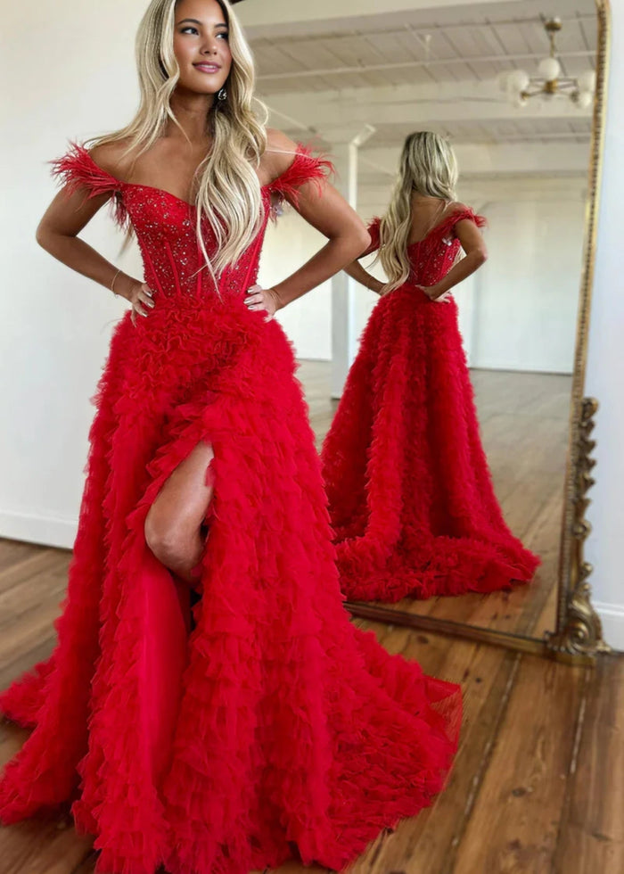 Eudora | Light Pink Red Ball Gown/Princess Off the Shoulder Feather Tulle Formal Dress with Slit - Red - PromDressClub