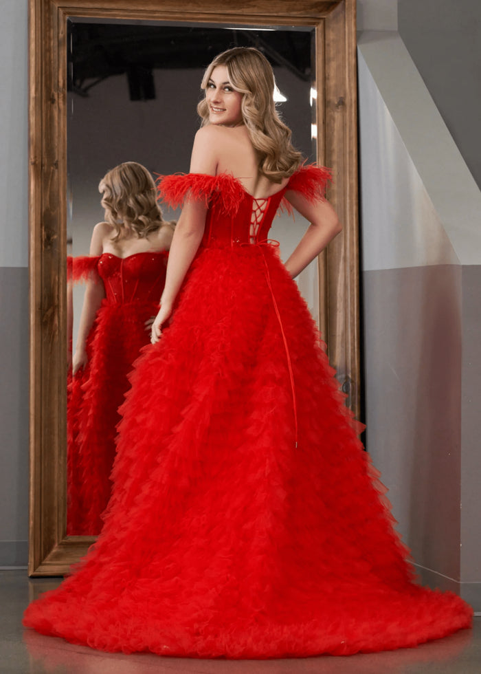 Eudora | Light Pink Red Ball Gown/Princess Off the Shoulder Feather Tulle Formal Dress with Slit - Red - PromDressClub