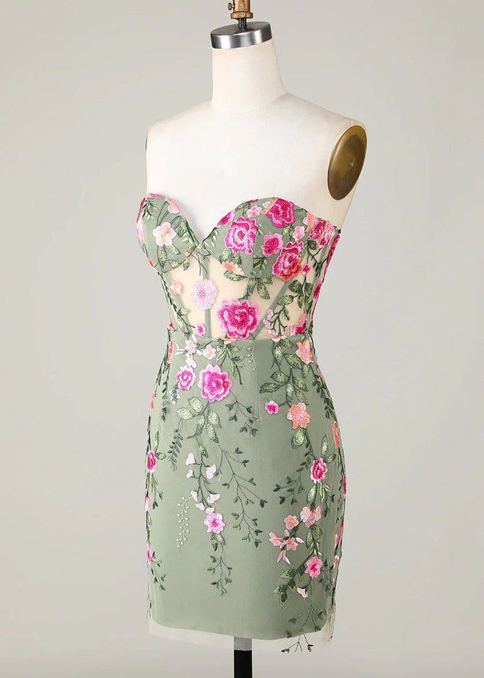 Eulalie | Discover the Perfect Black Homecoming Dress: Floral, Strapless & Backless Elegance - Sage Floral - PromDressClub