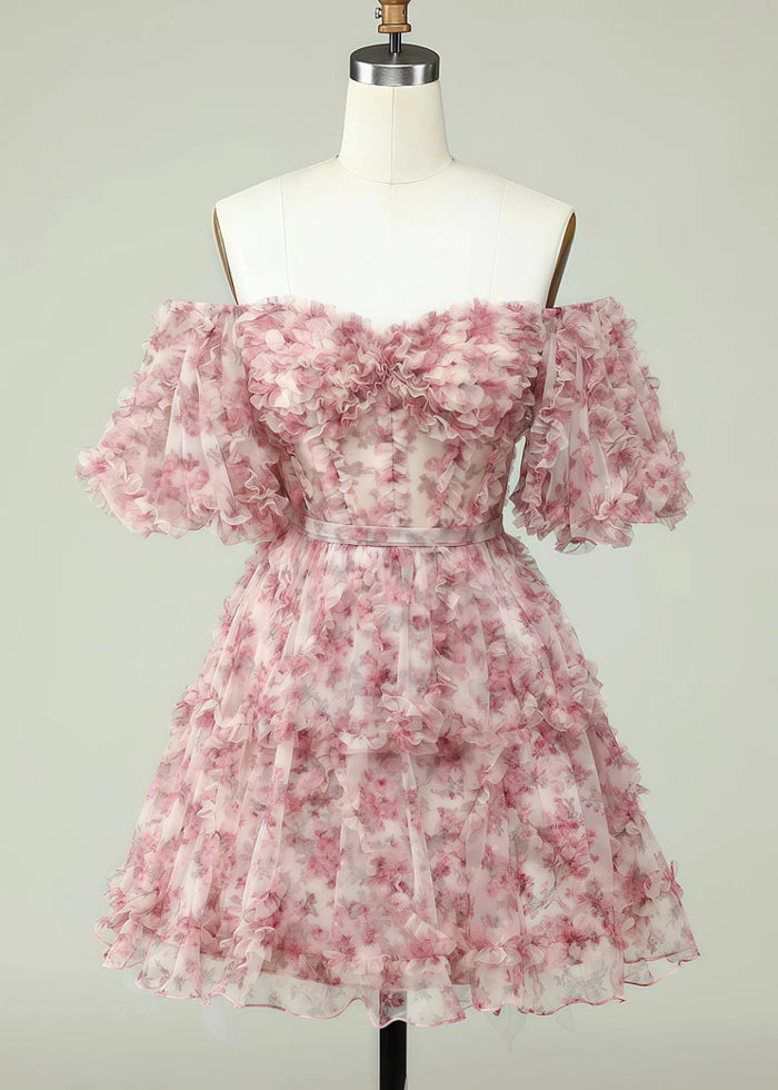 Eurydice | Dreamy Purple Homecoming Dress Floral Off the Shoulder Tulle Gown - Pink Floral - PromDressClub