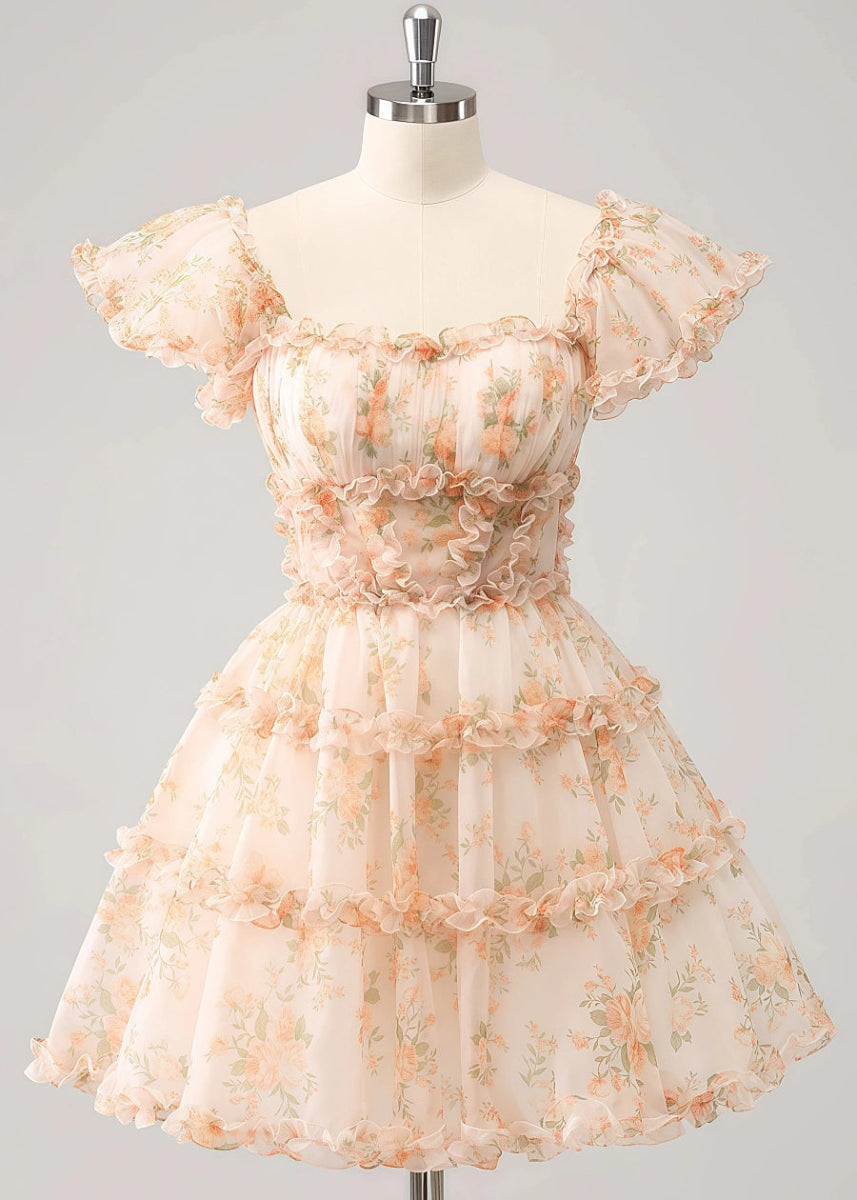 Evaluna | Stunning Champagne Floral Homecoming Dress: Dance the Night Away Beautifully - Champagne Floral - PromDressClub