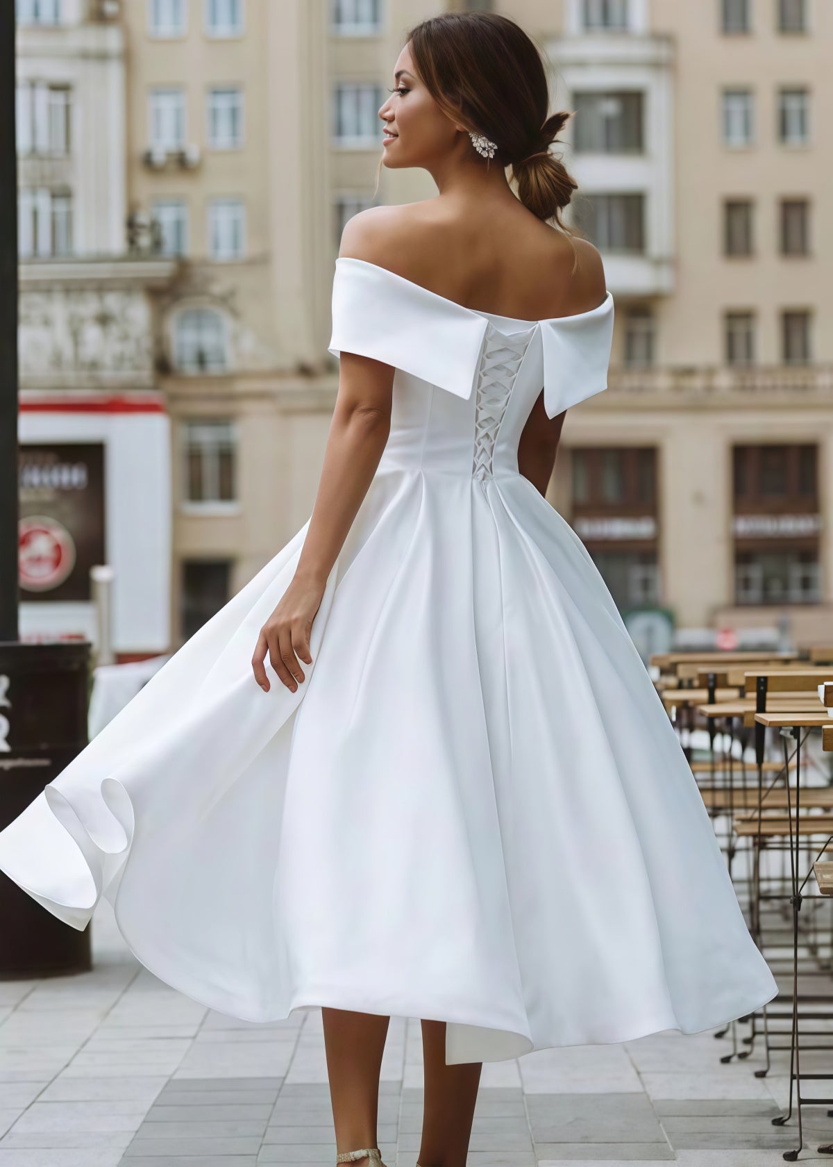 Evangeline | Elegant A Line Off the Shoulder Strapless White Satin Midi Wedding Dress - White - PROMDRESS Club