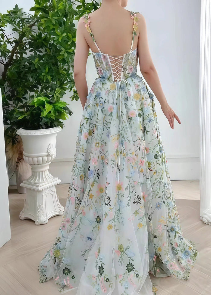 Evangeline | Elegant Ivory Floral A Line V neck Flower Prom Dress - Charming Back Design - Ivory Floral - PromDressClub