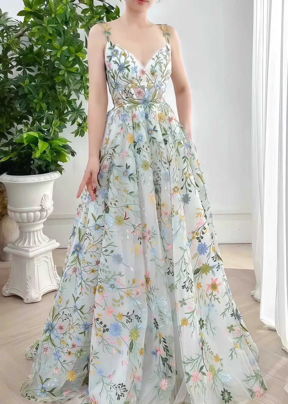 Evangeline | Elegant Ivory Floral A Line V neck Flower Prom Dress - Charming Back Design - Ivory Floral - PromDressClub