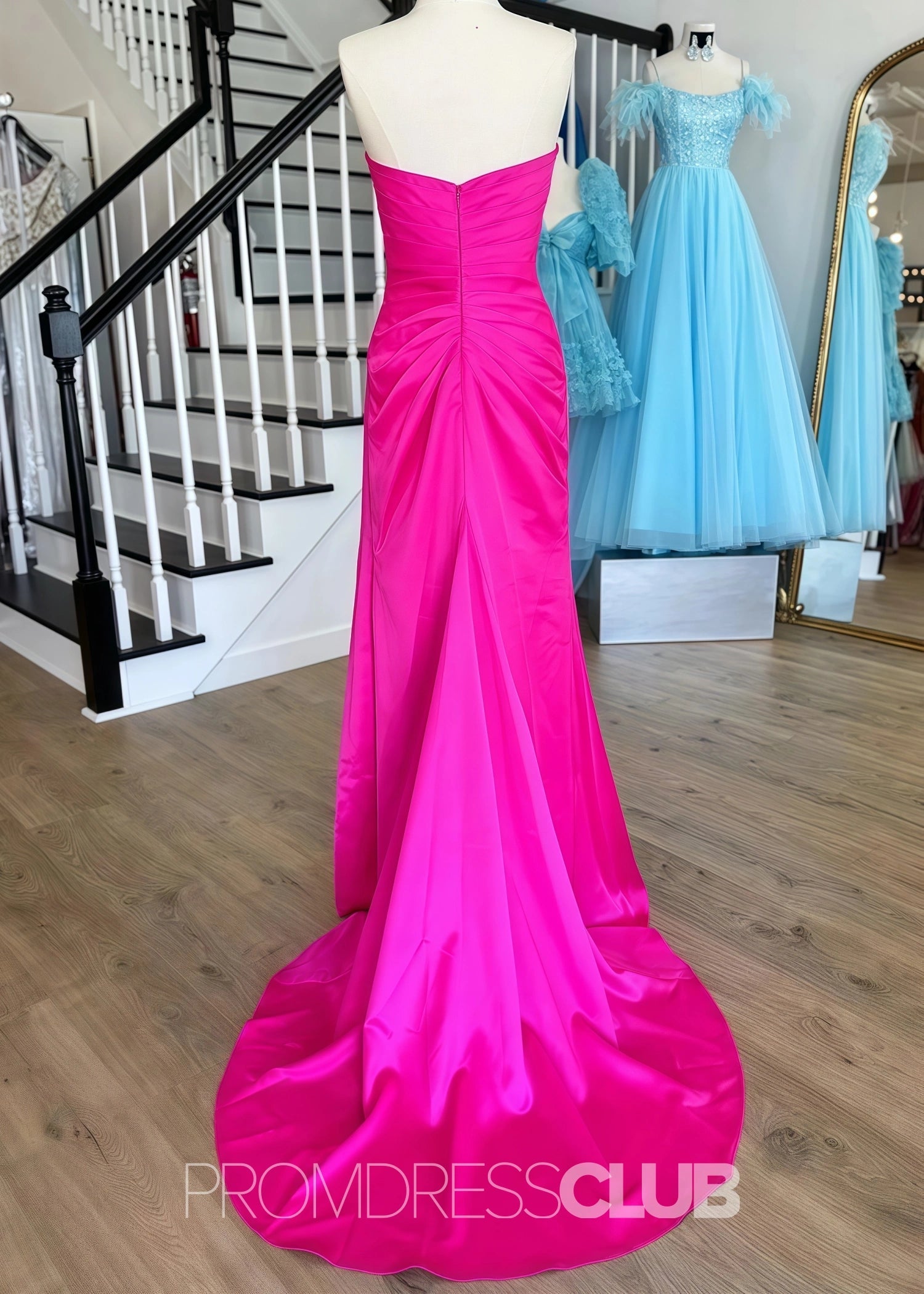 Evangeline |Long Silver Prom Dress Metallic With Mermaid Beaded Sweetheart Split - Fuchsia - US0 - PromDressClub