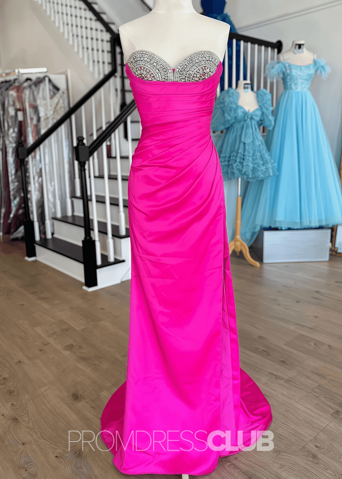 Evangeline |Long Silver Prom Dress Metallic With Mermaid Beaded Sweetheart Split - Fuchsia - PromDressClub