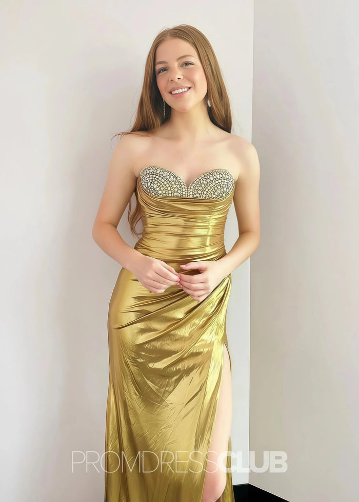 Evangeline |Long Silver Prom Dress Metallic With Mermaid Beaded Sweetheart Split - Gold - PromDressClub