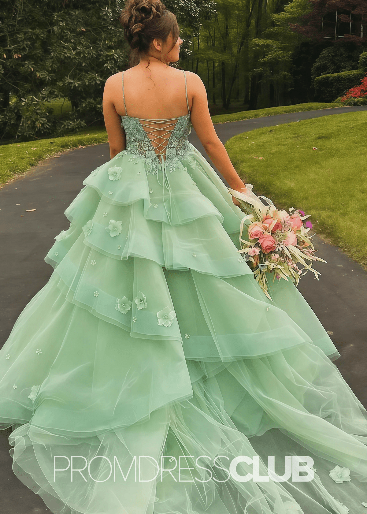 Eve |Ball Gown Sage Green Prom Dress Long V Neck with Slit Tiered Tulle - Sage - PromDressClub