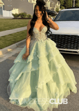 Eve |Ball Gown Sage Green Prom Dress Long V Neck with Slit Tiered Tulle - Sage - PromDressClub