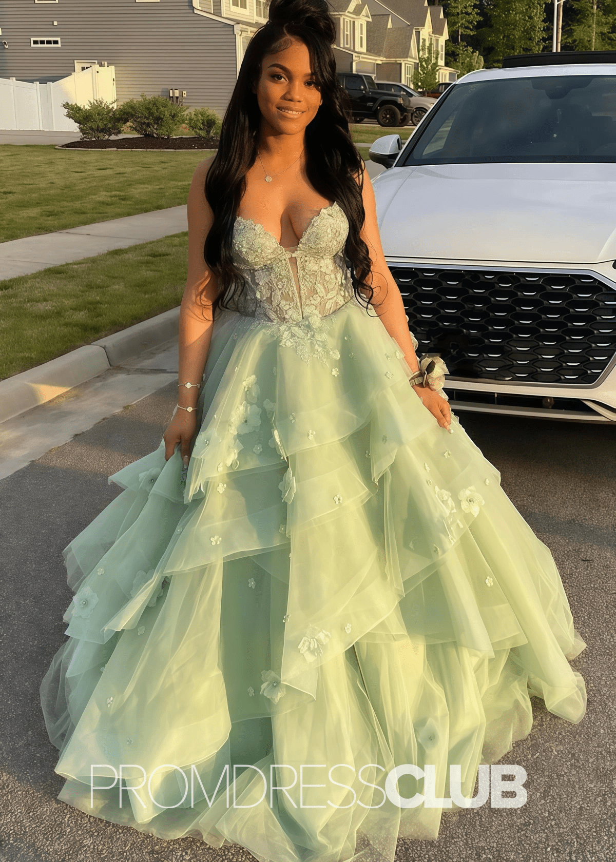 Eve |Ball Gown Sage Green Prom Dress Long V Neck with Slit Tiered Tulle - Sage - PromDressClub