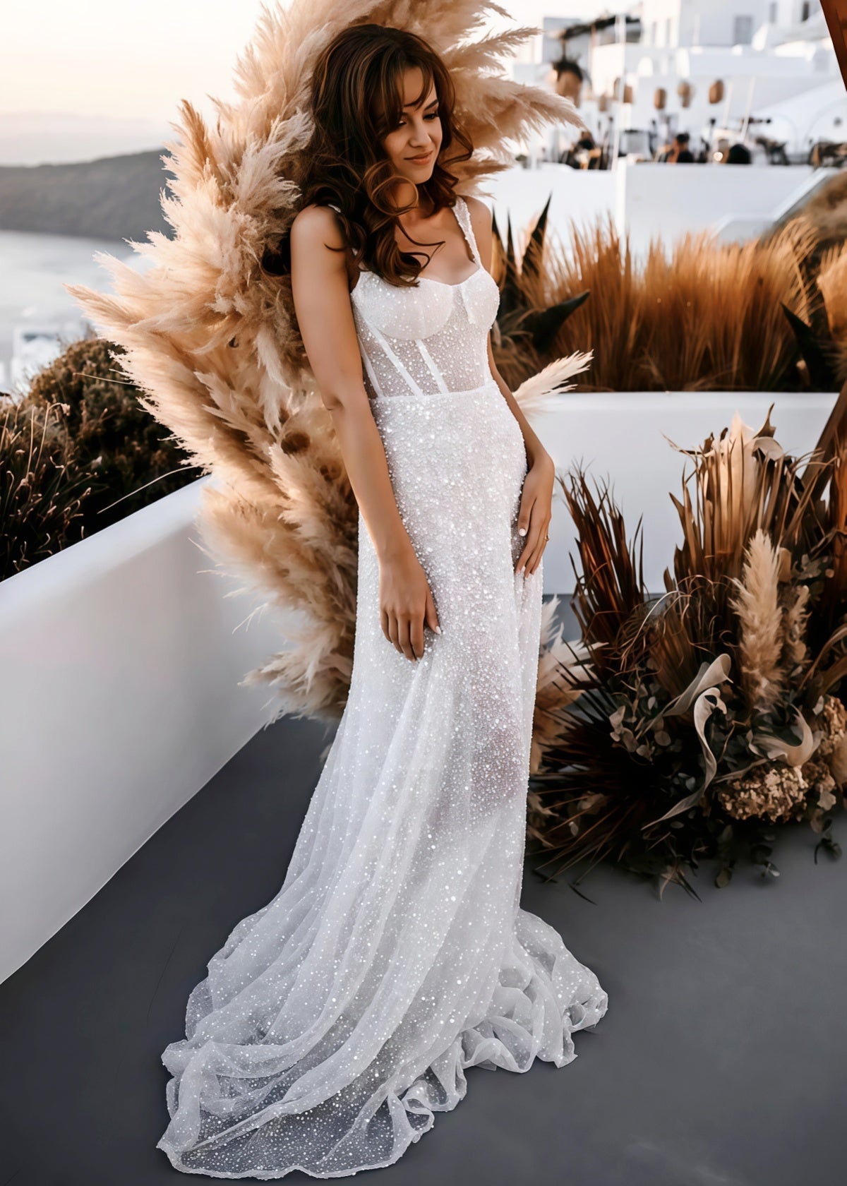 Eve | Sparkly A Line Spaghetti Strap Long White Sequin Wedding Dress Train - White - PROMDRESS Club