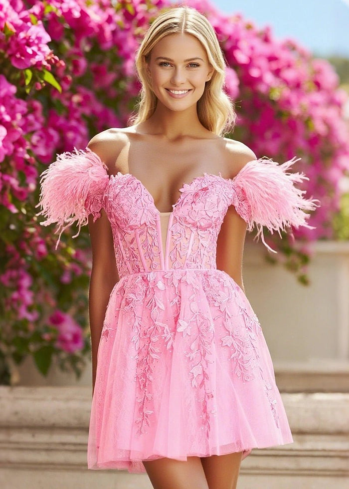 Exquisite Ease Feather Pink Homecoming Dress Off the Shoulder for a Memorable Night - Pink - PromDressClub