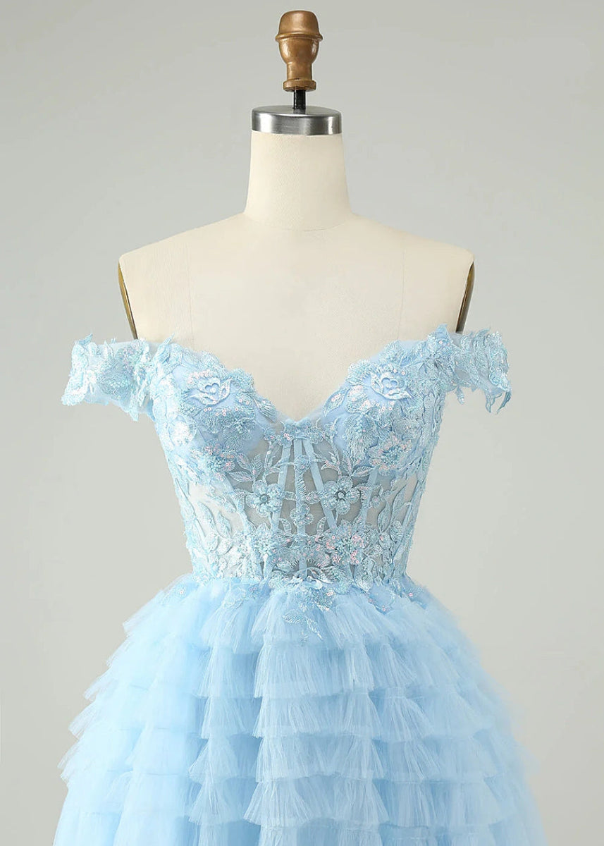 Exuperia | Shine at Homecoming in a Stunning Blue Off - the - Shoulder Dress - Light Blue - PromDressClub