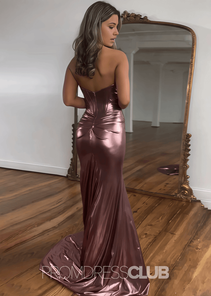 Faithe |Long Fuchsia Prom Dress Metallic With Mermaid Sweetheart Strapless Empire Side Split - RosyBrown - PromDressClub