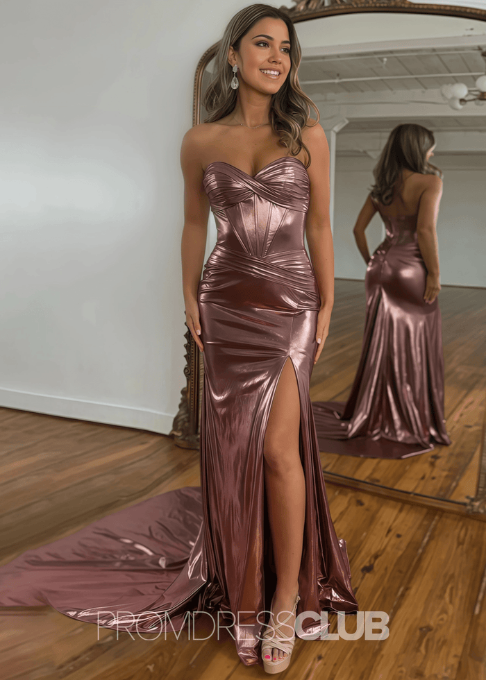 Faithe |Long Fuchsia Prom Dress Metallic With Mermaid Sweetheart Strapless Empire Side Split - RosyBrown - PromDressClub