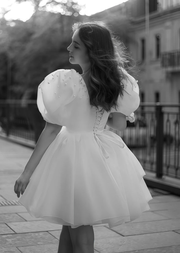 Faithe | Sexy A Line Square Neck Pearl Puff Sleeve Short Wedding Reception Dress for Bride - Price #price_variant_lowest# - White - PromDressClub