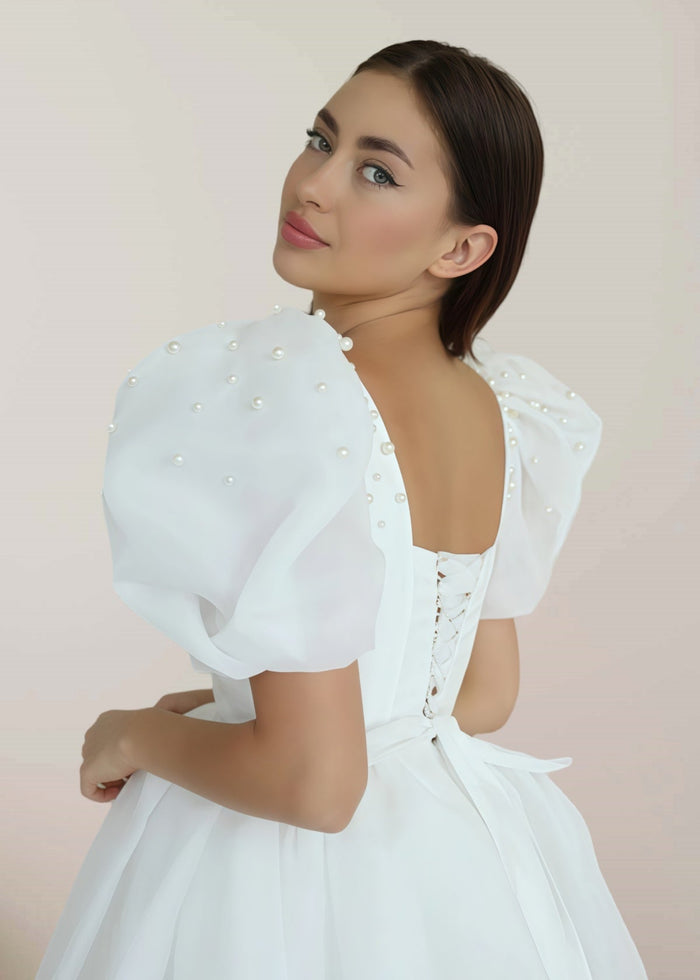 Faithe | Sexy A Line Square Neck Pearl Puff Sleeve Short Wedding Reception Dress for Bride - Price #price_variant_lowest# - White - PromDressClub