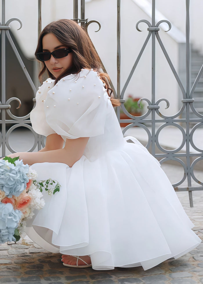 Faithe | Sexy A Line Square Neck Pearl Puff Sleeve Short Wedding Reception Dress for Bride - Price #price_variant_lowest# - White - PromDressClub