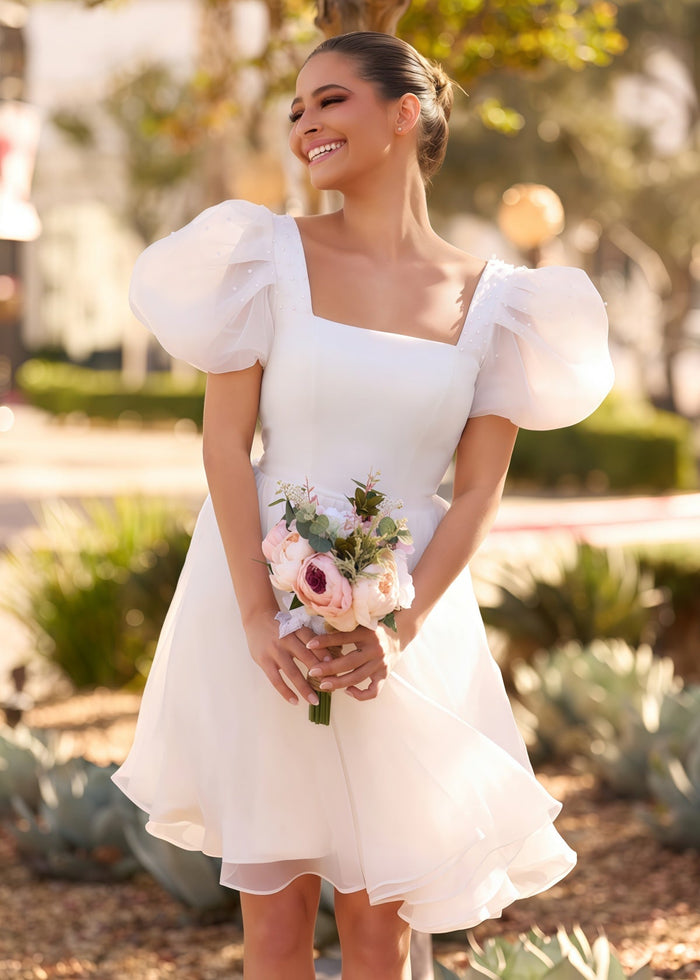 Faithe | Sexy A Line Square Neck Pearl Puff Sleeve Short Wedding Reception Dress for Bride - Price #price_variant_lowest# - White - PromDressClub