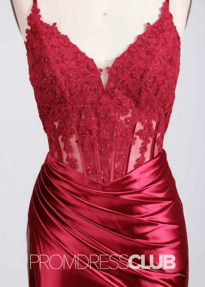 Fay |Mermaid Navy Blue Prom Dresses Long V Neck with Slit - Red - PromDressClub