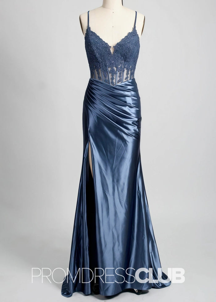 Fay |Mermaid Navy Blue Prom Dresses Long V Neck with Slit - Navy Blue - PromDressClub