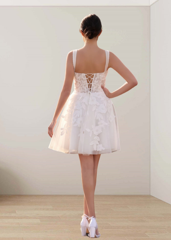 Fay | Romantic A Line Spaghetti Strap Appliques Lace Short White Wedding Reception Dress with Sweetheart Neck - Price #price_variant_lowest# - White - PromDressClub