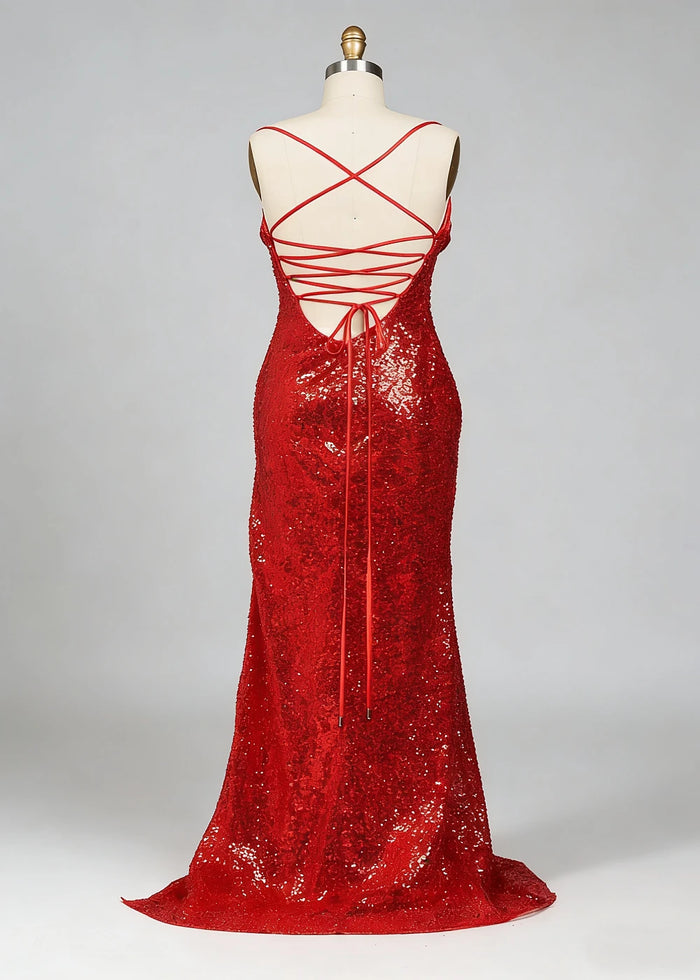 Fia Red Glitter Prom Dress | Column Spaghetti Strap Sweetheart Neckline Cocktail Dress with Slit - Red - PromDressClub