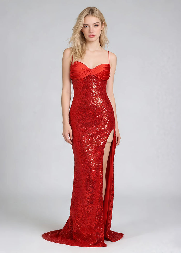 Fia Red Glitter Prom Dress | Column Spaghetti Strap Sweetheart Neckline Cocktail Dress with Slit - Red - PromDressClub