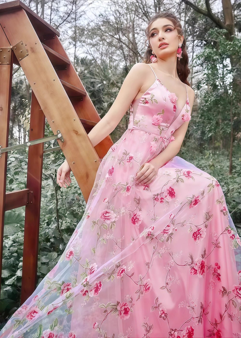 Fiona | Stunning Pink Floral Tulle A Line Corset Flower Prom Dress - Unforgettable Moments - Pink Floral - PromDressClub