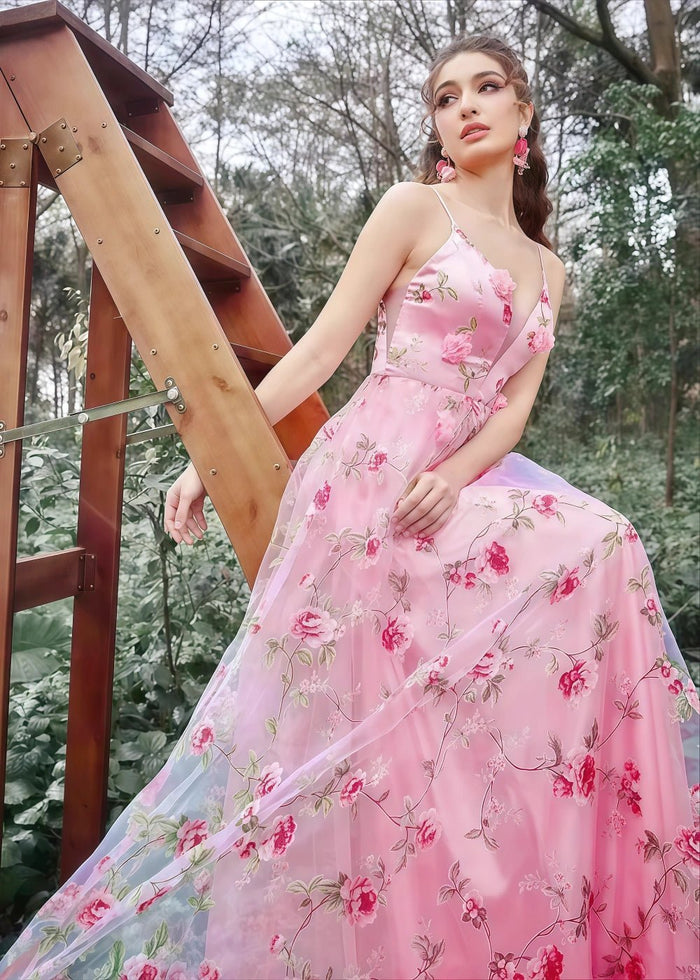 Fiona | Stunning Pink Floral Tulle A Line Corset Flower Prom Dress - Unforgettable Moments - Pink Floral - PromDressClub