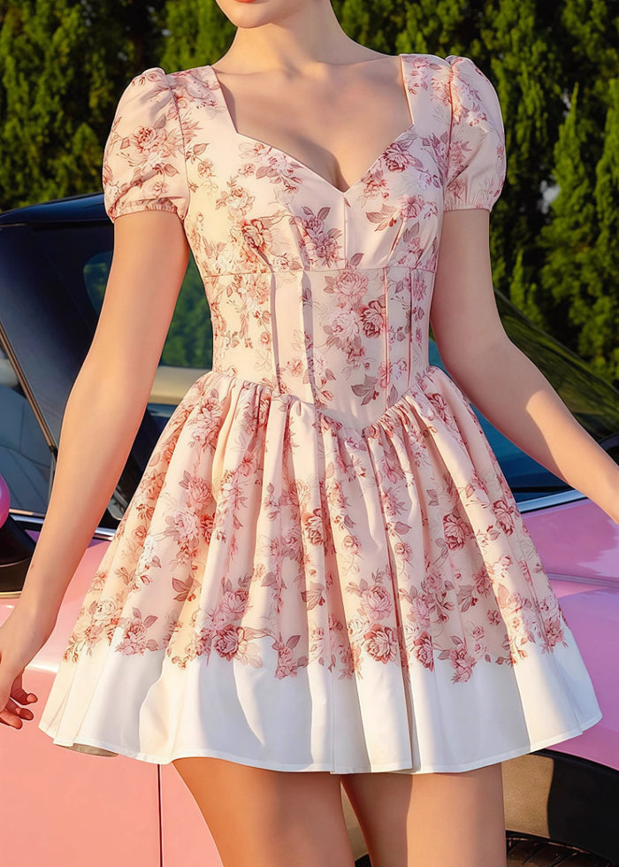 Fioralba | Discover Your Dream Champagne Homecoming Dress: Floral Elegance with Sleeve Detail - Champagne Floral - PromDressClub