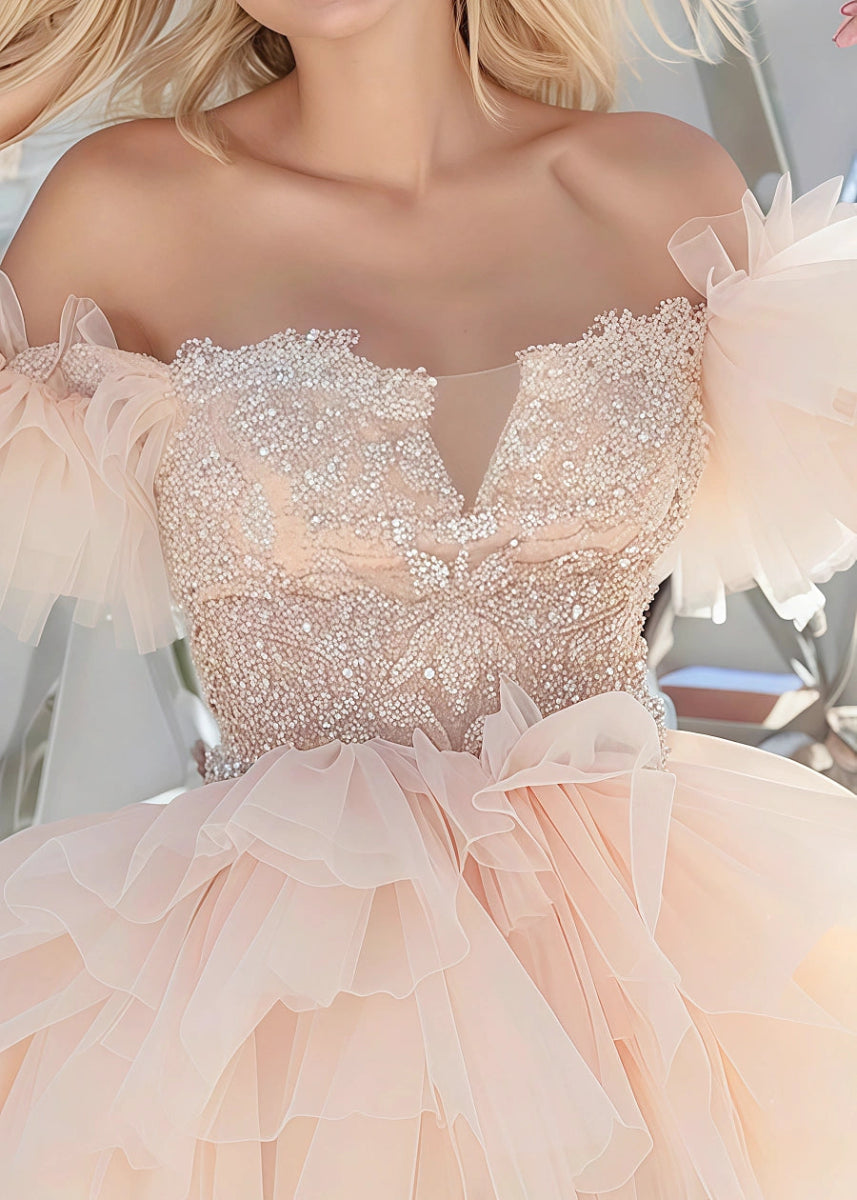 Flidais | Champagne Homecoming Dress Sparkle like Royalty with Beaded Design - Champagne - PromDressClub