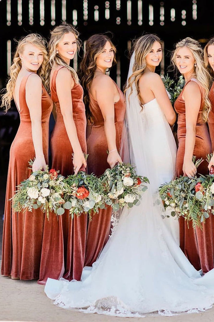 Julia |Floor Length V Neck Copper Velvet Bridesmaid Dress for Winter Weddings - Rust - PromDressClub