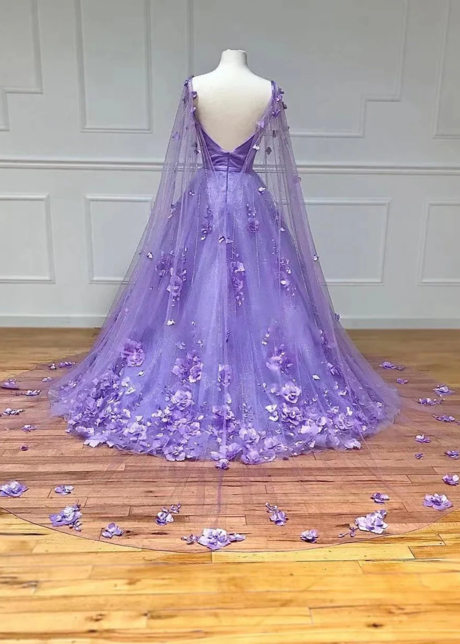 Flora |A - Line Deep V Neck 3D Floral Illusion Lavender Lace Prom Dress With Cape Sleeves - Lavender - US0 - PromDressClub