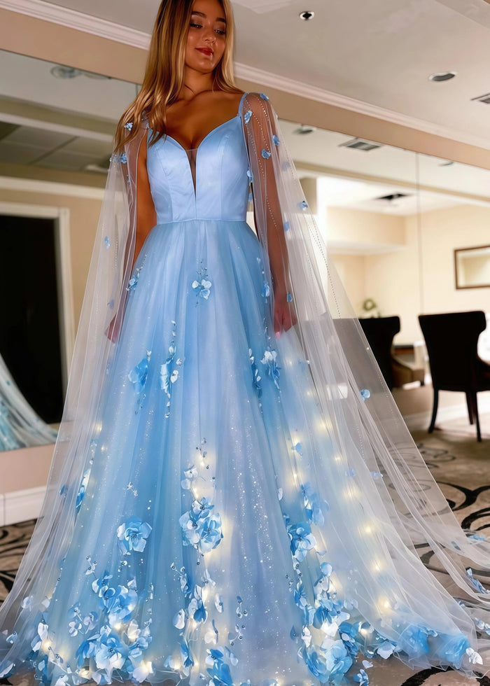 Flora | Lavender Light Blue Princess V Neck Backless 3D Flower Formal Dress with Cape Sleeves - Sky Blue - PromDressClub