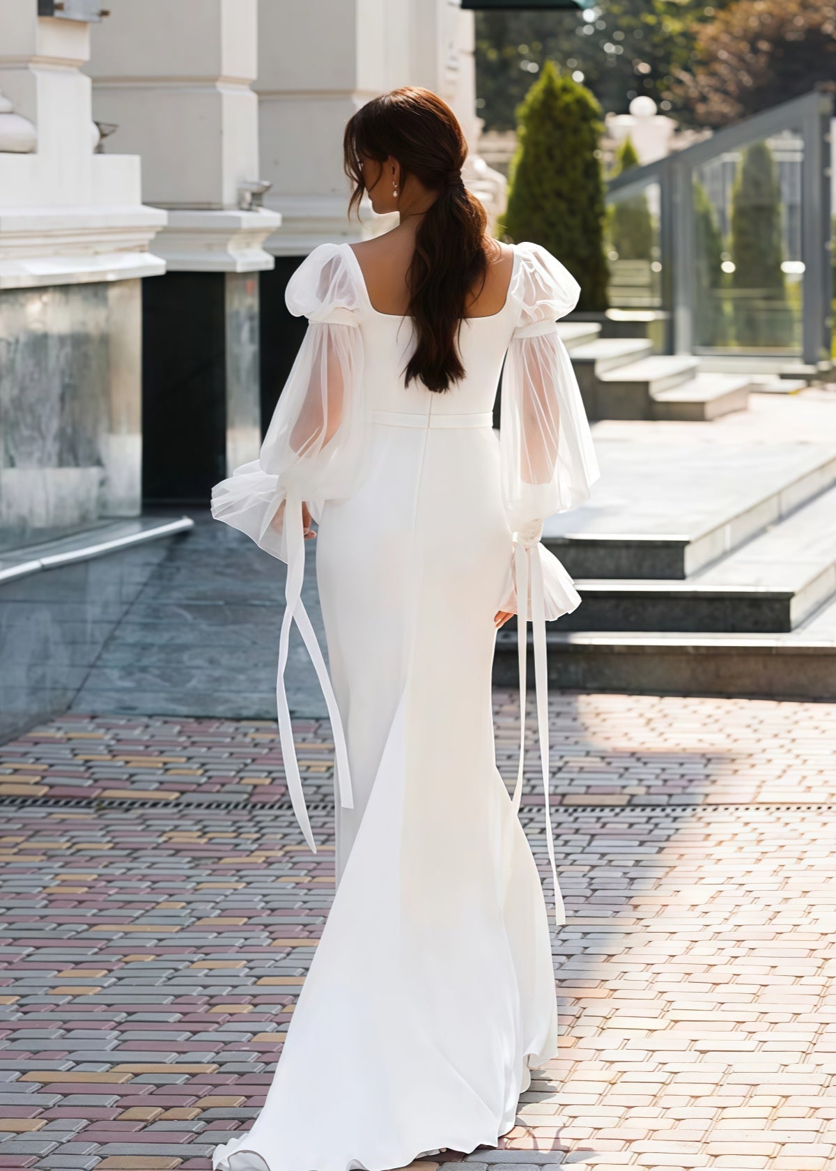 Flora | Square Neckline Mermaid Puff Long Sleeve White Wedding Dress Train - White - PROMDRESS Club