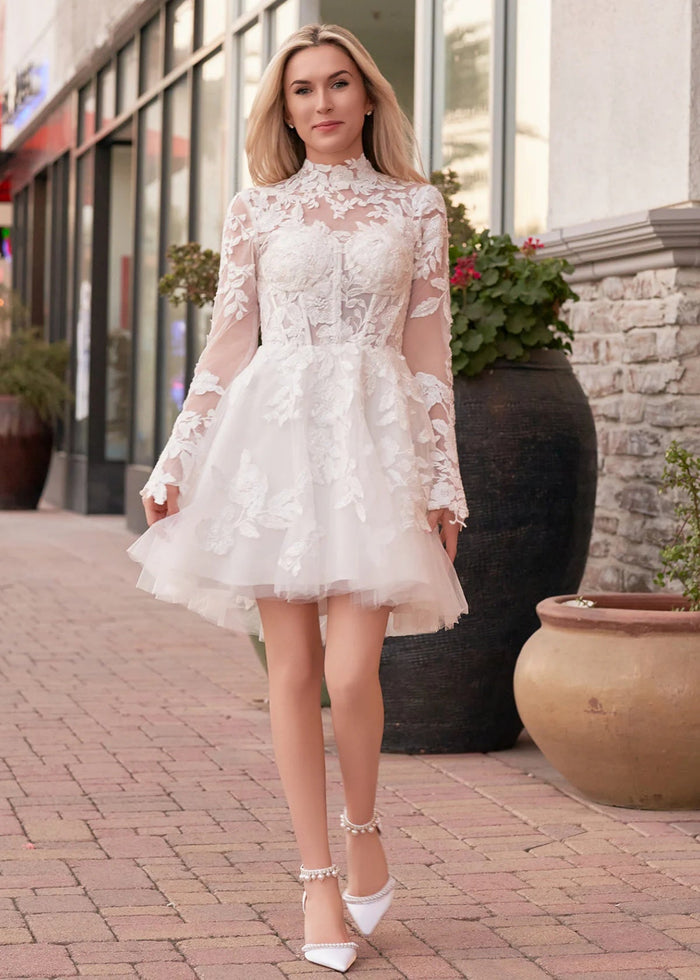 Florence | A Line Long Sleeve Illusion Neck Corset Short White Reception Wedding Dress - Price #price_variant_lowest# - White - PromDressClub
