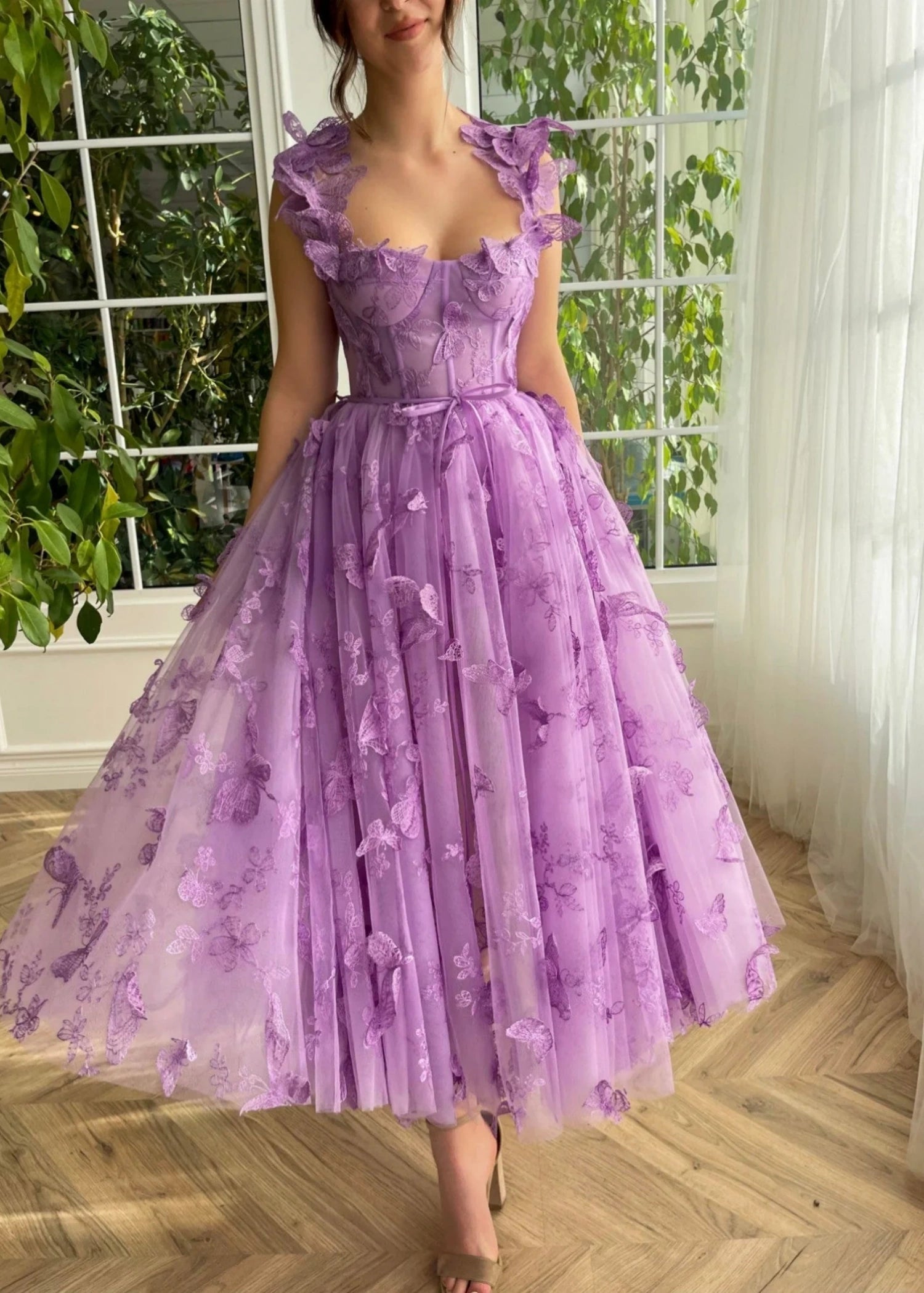 Florence |A line Off The Shoulder Tulle Midi Lilac Prom Dress with 3D Butterflies - Lilac - US0 - PromDressClub