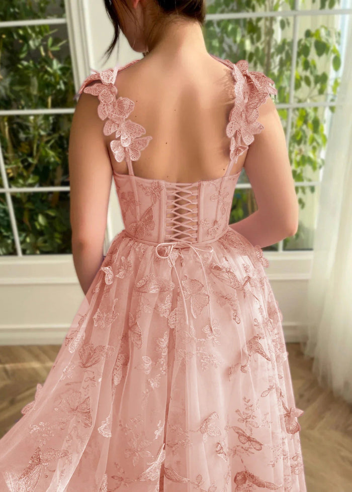 Florence | Lilac Light Pink A Line Square Neck Midi Semi Formal Dress with 3D Butterflies - Light Pink - PromDressClub