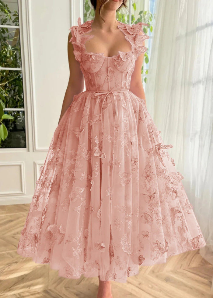 Florence | Lilac Light Pink A Line Square Neck Midi Semi Formal Dress with 3D Butterflies - Light Pink - PromDressClub