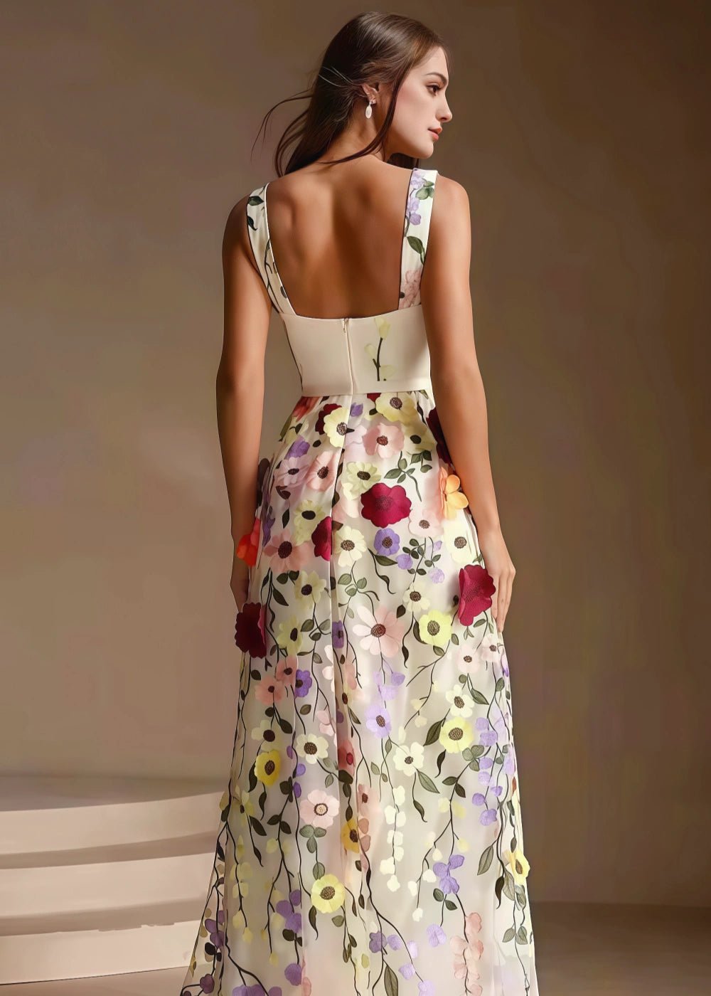 Florence | Exquisite Champagne Square Neck Flower Formal Dress – Captivating Floral Prom Dress for Memorable Occasions - Champagne Floral - PromDressClub