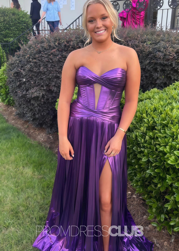 Florence |Long Gold Prom Dress Metallic With A Line Sweetheart Pleated Split - Purple - PromDressClub