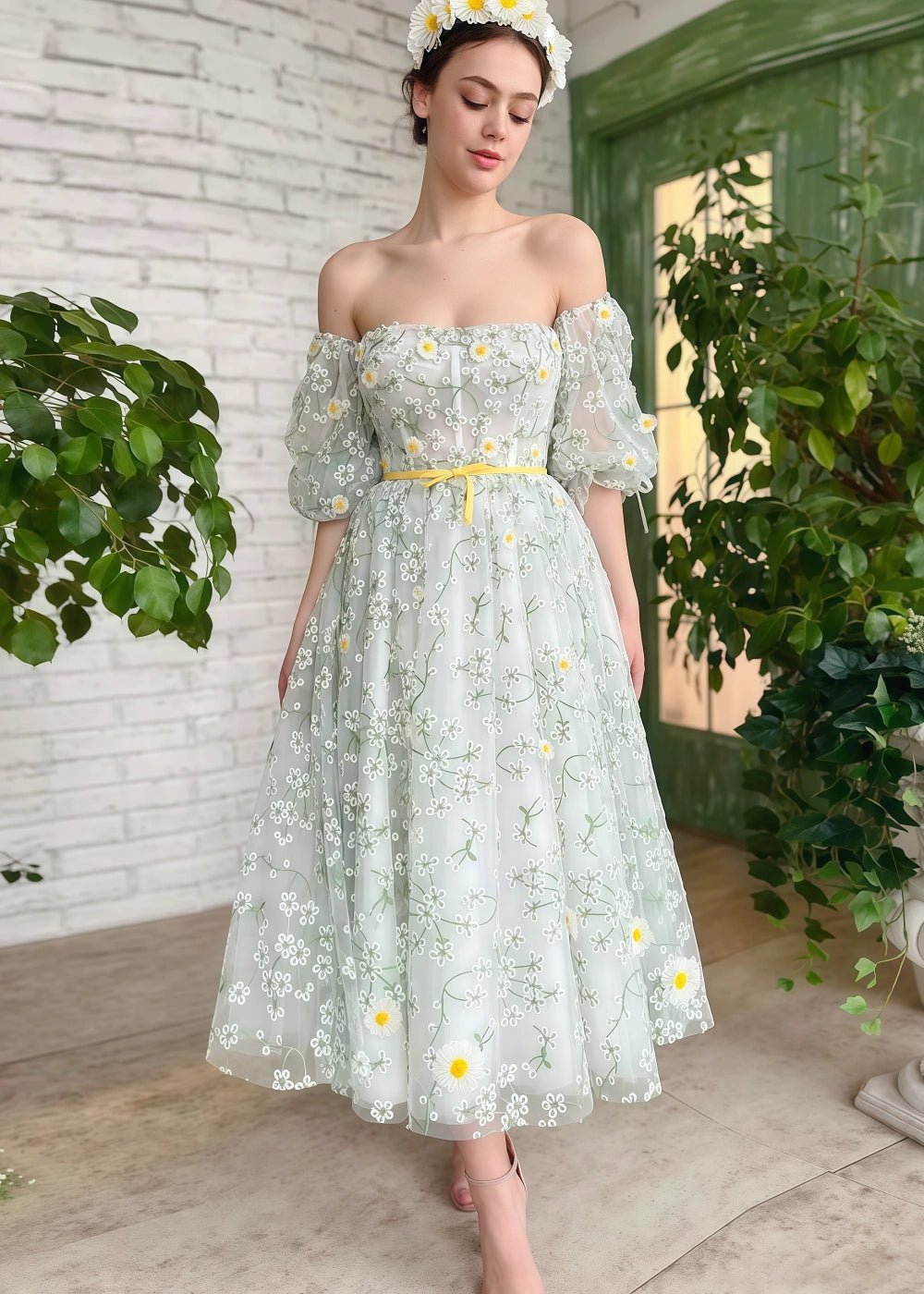 Francesca | Exquisite Sage Green Strapless Short Sleeve Midi Floral Formal Dress – Stand Out in Elegance - Sage Floral - PromDressClub