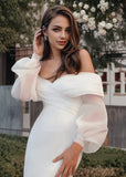 Freda | Trumpet/Mermaid Puff Long Sleeve Satin Wedding Dress with Off the Shoulder - White - PROMDRESS Club